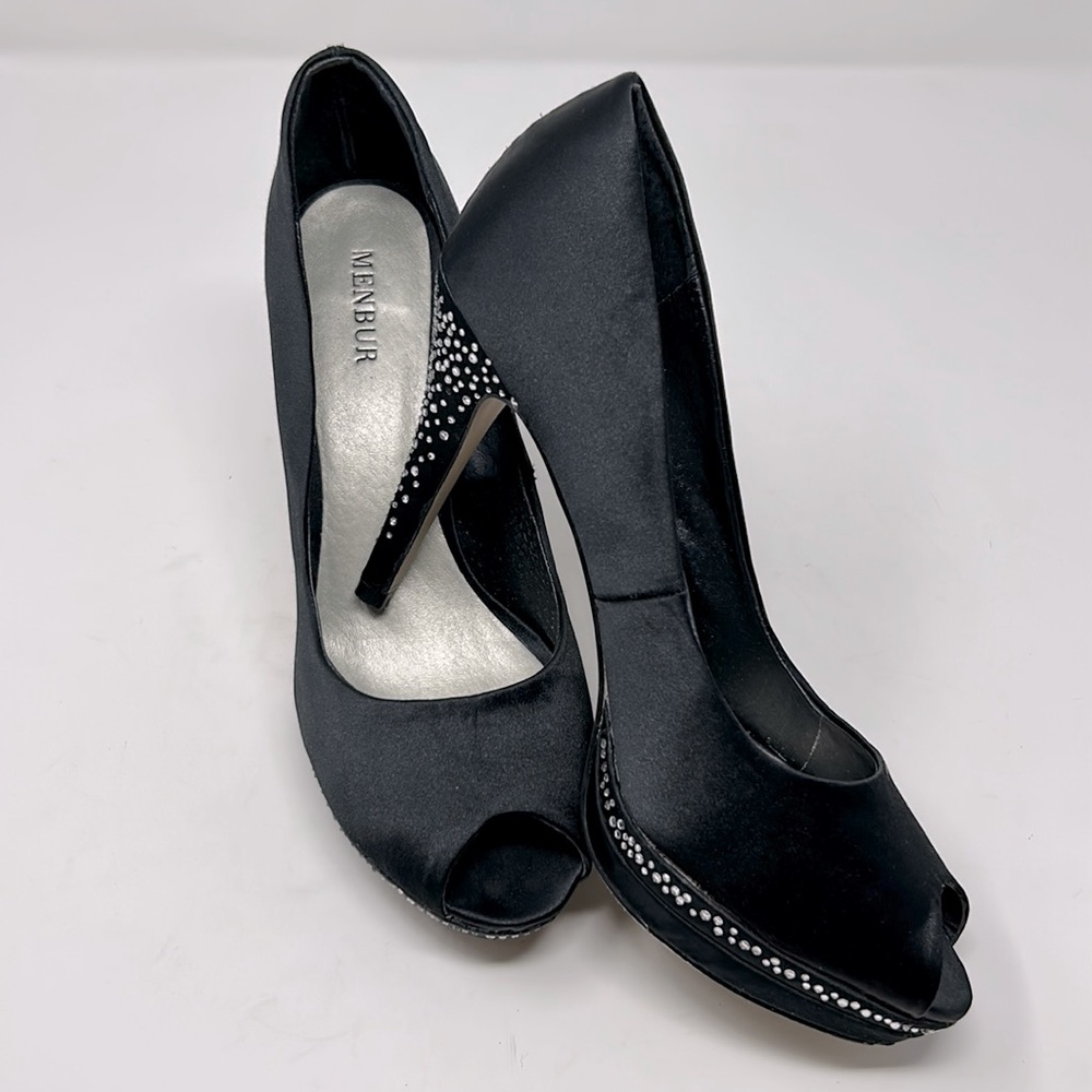 Menbur Black Satin Silver Rhinestone Evening Formal Stiletto Peep Toe Pump Heels